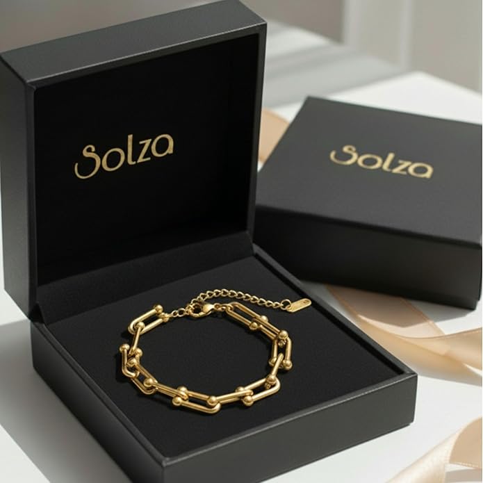 Solza Gold Chain Bracelet for Women – Adjustable Stainless Steel Heart Link Bracelet, Gold-Tone Non-Tarnish Fashion Jewelry