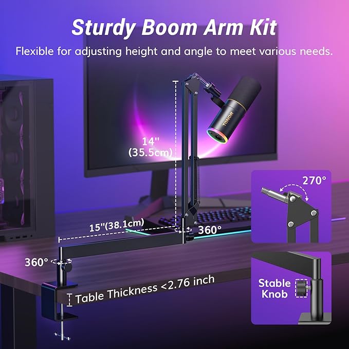 TONOR Dynamic Microphone, XLR/USB Microphone for Gaming, Streaming, XLR Cardioid Studio Mic with Quick Mute, Headphone Jack, Volume Control, Mic with RGB Lighting and Low Profile Boom Arm, TD520s+