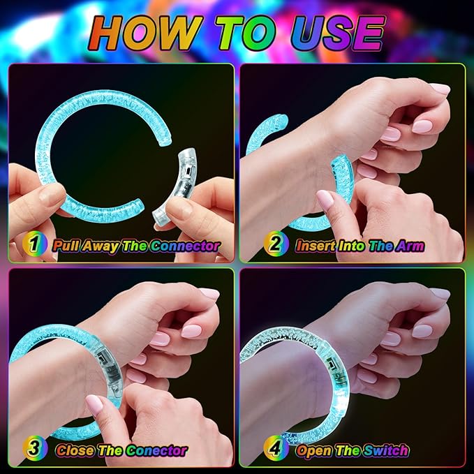 28 Pack Glow Bracelets, Glow in the Dark Party Supplies, 6 Color LED Light Up Bracelets for Adults & Kids Birthday Party Favors, Concert, New Year, Carnival, Raves