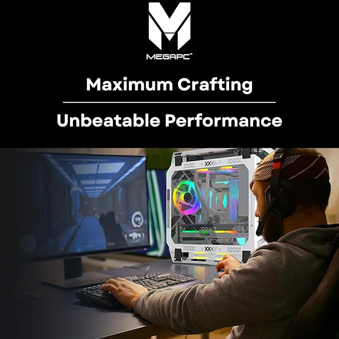 MegaPC X-Era Open-Frame Mid-Tower Micro-ATX/Mini-ITX Gaming Case – Tempered Glass Panels, High Airflow, ARGB Lighting, USB-C Port (Black/White/Print Stream, with Fans Only)