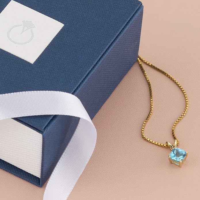 PEORA 14K Yellow Gold Swiss Blue Topaz Pendant, Genuine Gemstone Classic Solitaire, Cushion Cut, 6mm, 1 Carat total, Blue Gemstone Necklace, December Birthstone Gold Necklace, w/Jewelry Box