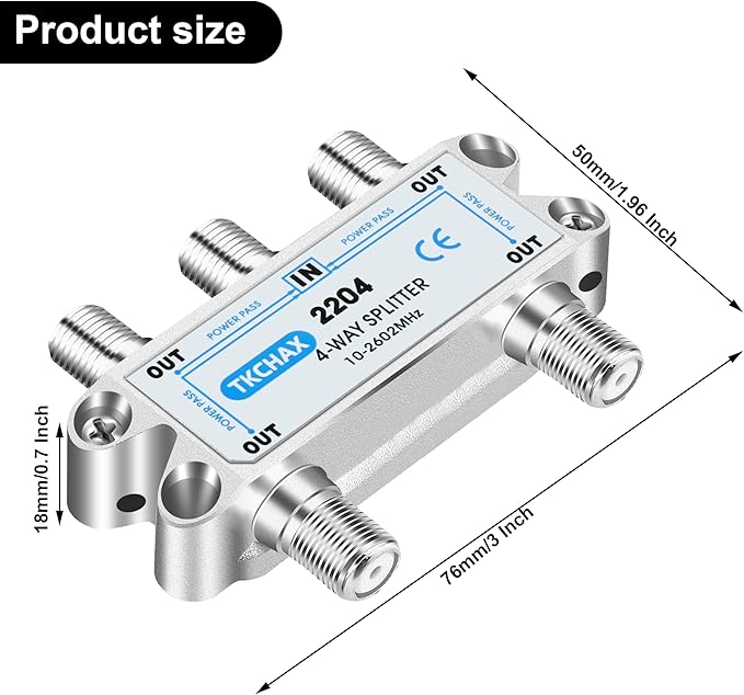 4 Way Coaxial Cable Splitter,Support 10-2602MHz, RG6 Compatible, Nickel-Plated for Cable Splitter,Work with CATV, Satellite TV,Antenna System and MoCA Configurations
