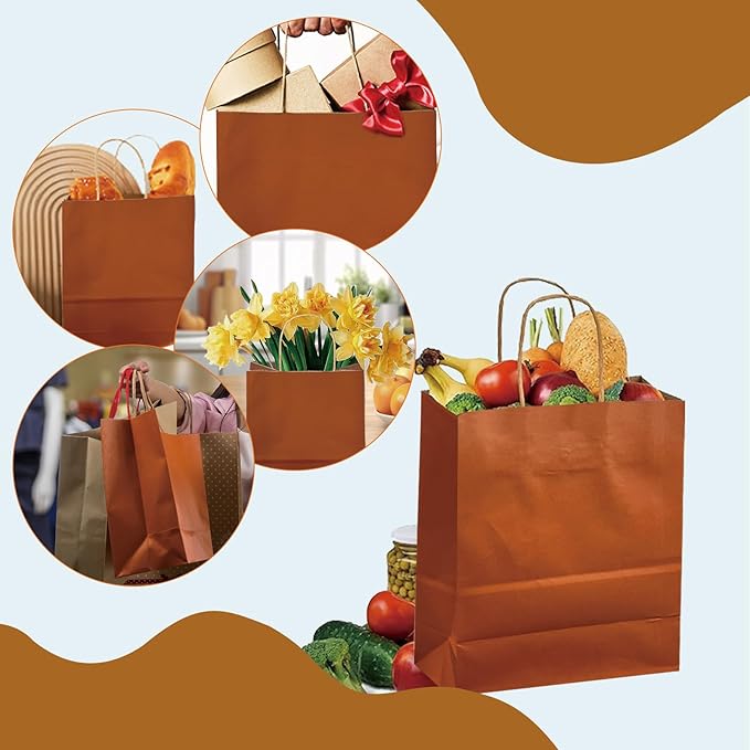 BAG BOX 25 Pack 8.25x4.3x10.6 Inch Orange Gift Bags with Handles,Bulk Kraft Paper Bags for Shopping, Retail, Merchandise, Wedding, Party Favors, Paper Grocery Sacks