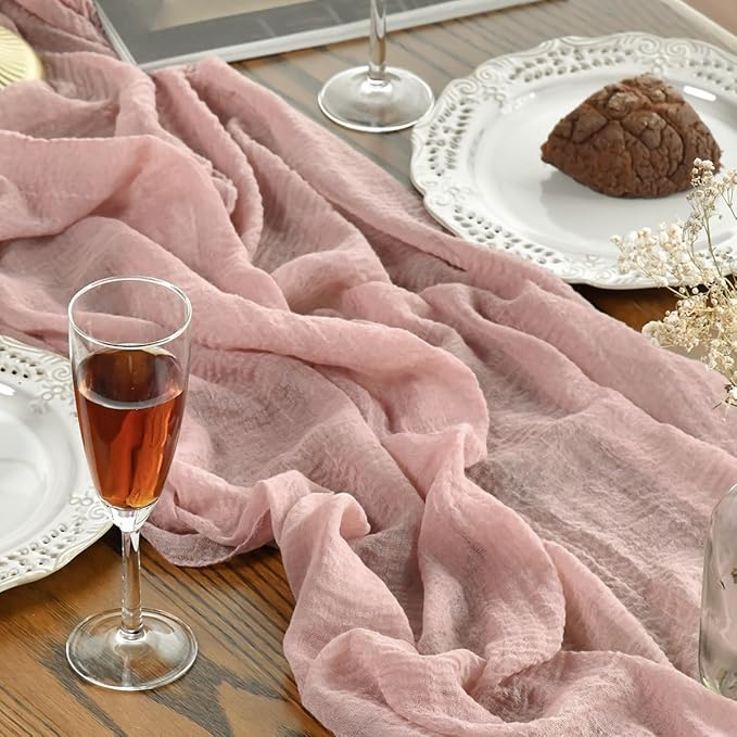 Artoid Mode Boho Cheesecloth Gauze Dusty Pink Wedding Table Runner, 120 Inch Seasonal Fabric Kitchen Dining Holiday Table Decor for Home Party Indoor