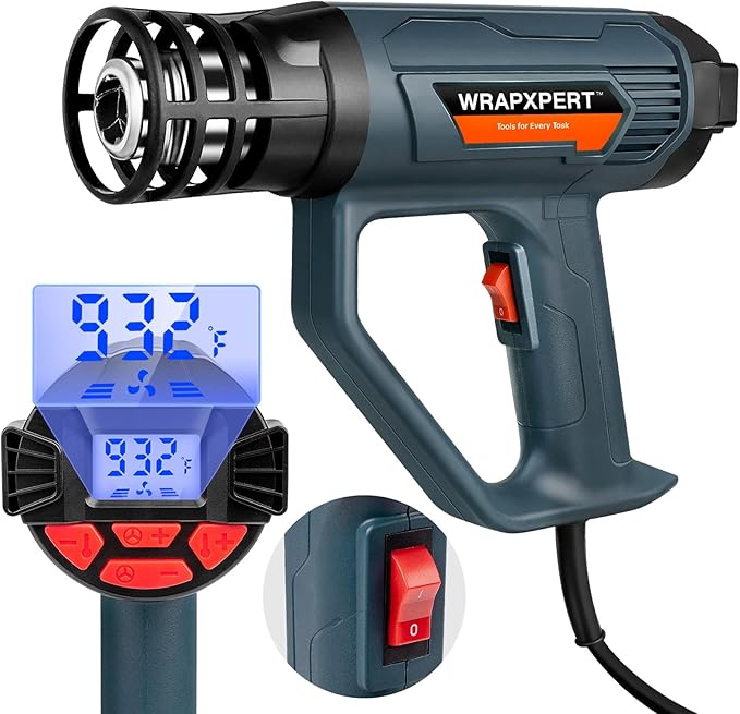 WRAPXPERT Heat Gun for Vinyl Wrap with Digital LCD 2000W 122℉-1202℉(50℃- 650℃) Hot Air Gun Variable Temperature Control Memory Function for Car Wrap, Crafts, Shrinking Tubing, Stripping Paint