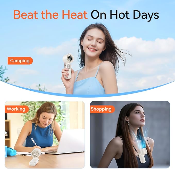 3-in-1 Portable Handheld Turbo Fan-100 Speeds, 15000 RPM, 10Hrs Cooling, LED Display, 90° Rotation, USB Rechargeable Battery Powered, Mini Foldable Hand Held Personal Fan for Women Men (white)