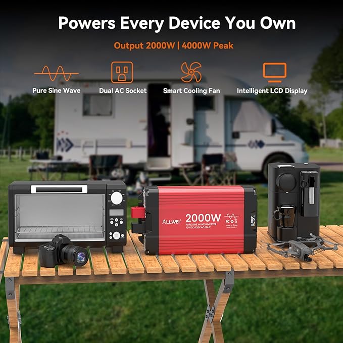 ALLWEI 2000W Pure Sine Wave Inverter 12V DC to 110V/120V AC Converter, Surge 4000W, 2 AC Sockets, LCD Display, Power Inverters for Vehicles, RV Truck Home Solar & Off-Grid Inverter, Remote Controller