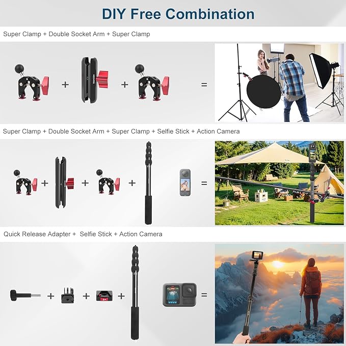 Motorcycle Mount kit for Insta36O X5 X4, Bike Handlebar Clamp Mount and 59" Invisible Selfie Stick Bundle Kit, Heavy-Duty Super Clamp Camera Ebike ATV Mount for G02/3 /3S/Ace, GoPr0 13,JC017
