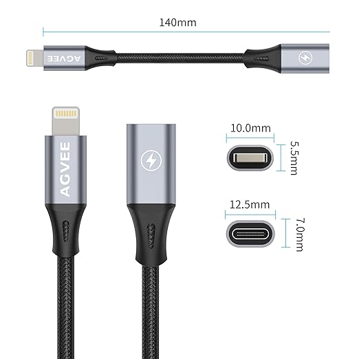 AGVEE 2 Pack 4 inch USB-C Female to Lightning Male Adapter, 30W Fast Charging Charger Converter for iPhone 14 13 12 11 Airpods iOS Device Carplay, Not for Audio, Dark Gray