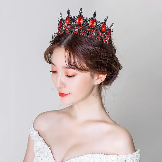 Queen Crown Rhinestone Wedding Tiaras for Women Costume Party Hair Accessories Princess Birthday Tiara Crystal Bridal Crown (Black Red)