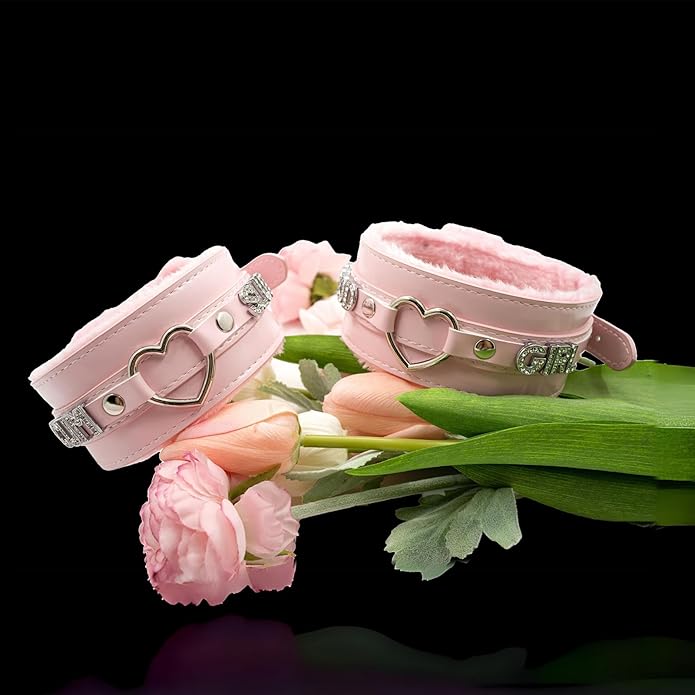 Pink Furry Heart O-ring Leather Choker Collar For Women, Handmade Punk Gothic Letter Necklace Adjustable Fashion Jewelry