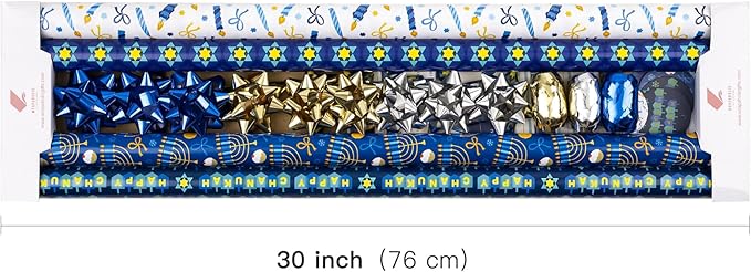 WRAPAHOLIC Hanukkah Wrapping Paper Set - Menorahs, the Star of David, Candles Design Chanukah Wrapping Paper Bundle with Gift Bow & Ribbon & Tag & Sticker