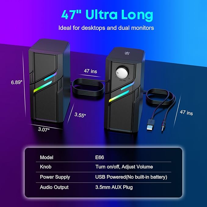 LENRUE Computer Speakers for Desktop PC with Easy Knob, Clear Powerful Sound, Touch Lights, Plug and Play for Computer Desktop PC, Monitors, Laptop (USB & AUX)