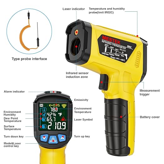 MESTEK Infrared Thermometer Temperature Gun, Non-Contact Digital Laser Thermometer with Probe for Cooking, Home and Industry Repair, Humidity Measurement, Adjustable Emissivity -58°F to 1472°F