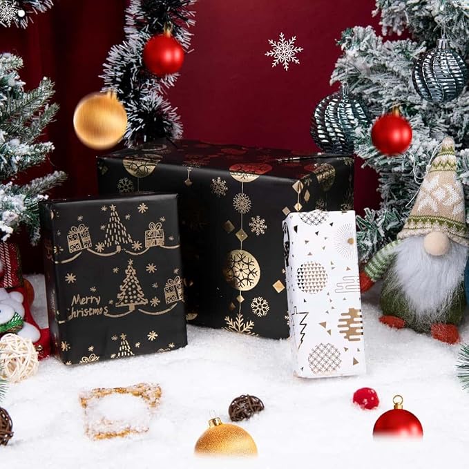 Linnoptimix Christmas Wrapping Paper Rolls -3 LARGE ROLL-27inch*78 inch per roll Colorful Foil (Christmas 2 Black/Gold + 1 White/Gold(003))
