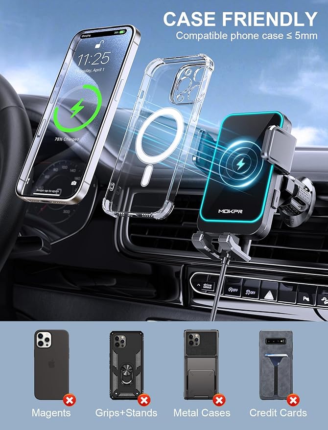 Wireless Car Charger, MOKPR 15W Fast Charging Auto Clamping Air Vent Car Phone Holder with LED Light Car Charger for iPhone 16 15/14/13/12 Pro Max Plus, Samsung S23/S22/S21,etc