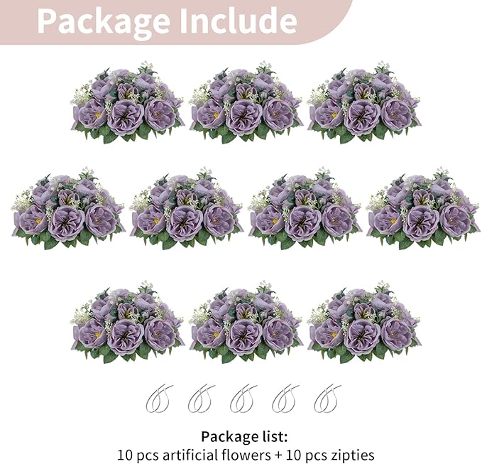 NUPTIO Artificial Flowers Ball Centerpieces: 10 Pcs 9.8 Inch Diameter Fake Kissing Rose Floral Balls for Wedding Party Bridal Shower Valentine Home - Purple Bouquet Arrangement Decorations for Table