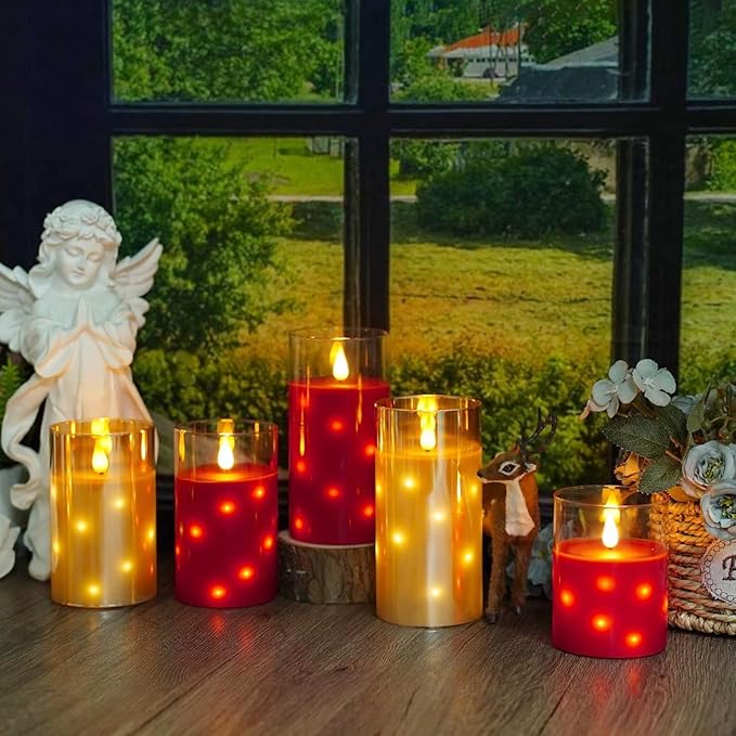 Real Wax Flameless Candles Glass,Battery Operated LED Candles with Flickering Flame,Glass Shell,Interior Star Light Decoration Set of 3 Red (D3×H 4" 5" 6") for Home Decor,Holiday Decoration