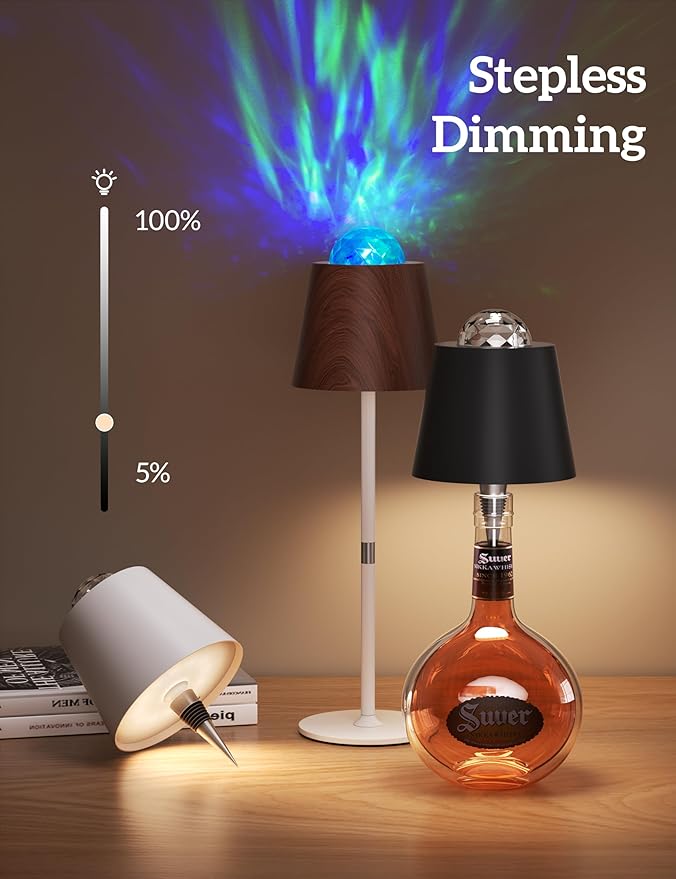 Joyzy Table Lamp with Projector Lighting, Wireless Wine Bottle Lamps Rechargeable Wine Bottle Lights Water Wave Ripple Projection Liquor Bottle Room Decoration Light Ambient for Bar Restaurants