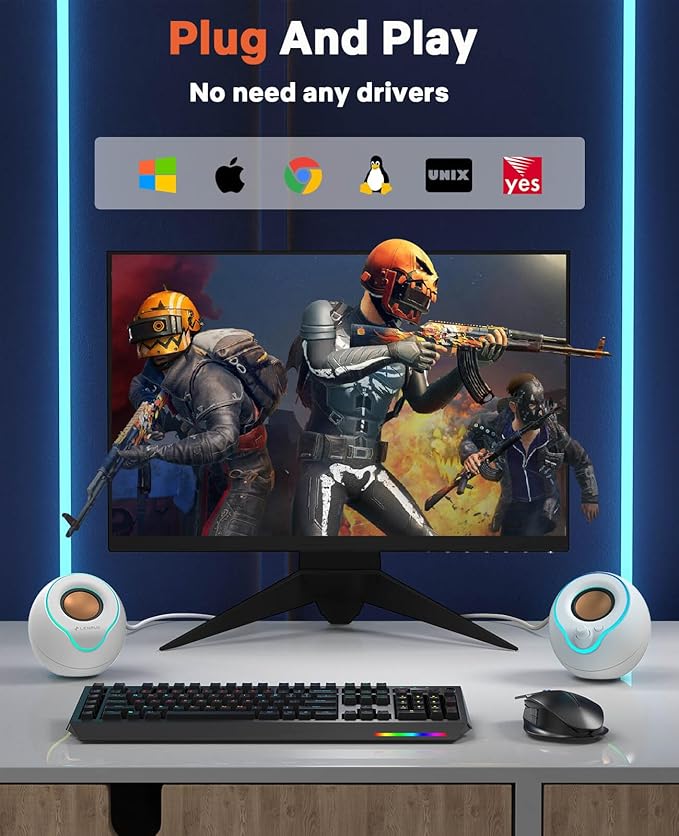 LENRUE Computer Speakers, PC Speakers with Colorful Lights Button, Volume Knob, 45 ° Tilt, Loud Sound, AUX and USB Powered for PC Desktop Monitor Laptop