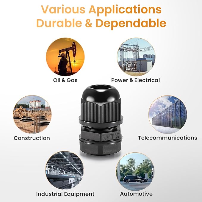 QILIPSU 50pcs 3/8" NPT Cable Gland Waterproof IP68 Nylon Cable Pass Through Cord Grip Connector Strain Relief Wire Grommet
