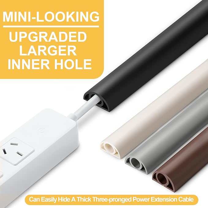 12ft Cord Cover Floor for Extension Cords, Self-Adhesive Floor Cable Cover to Protect Cables & Prevent Tripping, PVC Cord Hider Protector, Internal Wire Management Channel Diameter: 0.39", Brown