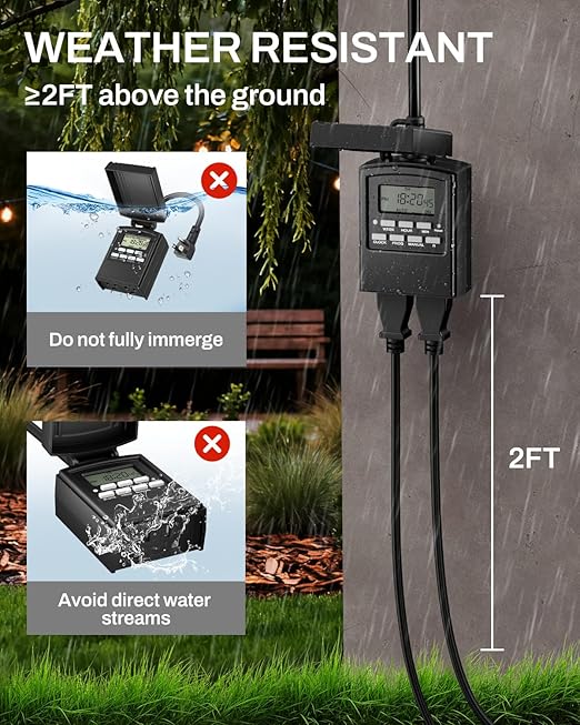 BN-LINK 7 Day Outdoor Heavy Duty Digital Programmable Timer, Outdoor Timer Outlet Waterproof, 2 Grounded Electrical Outlets for Christmas Lights, 15A 1/2HP,ETL Listed