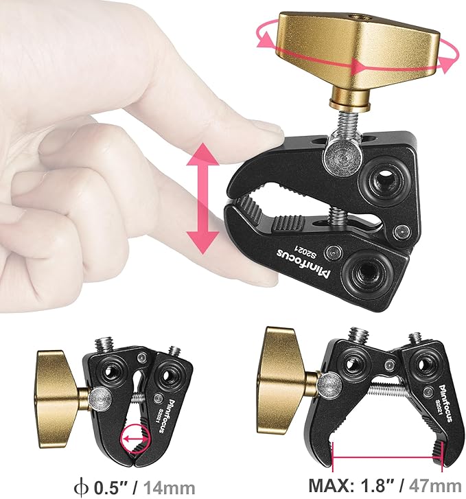MINIFOCUS Super Clamp Mount, Tripod Clamp with 1/4" & 3/8" Threaded Holes, 3/8" Locating Pin for ARRI Standard, T-Shaped Wingnut and Silicone Pad, Versatile Crab Clip Strong Clamp for Camera/LED Light