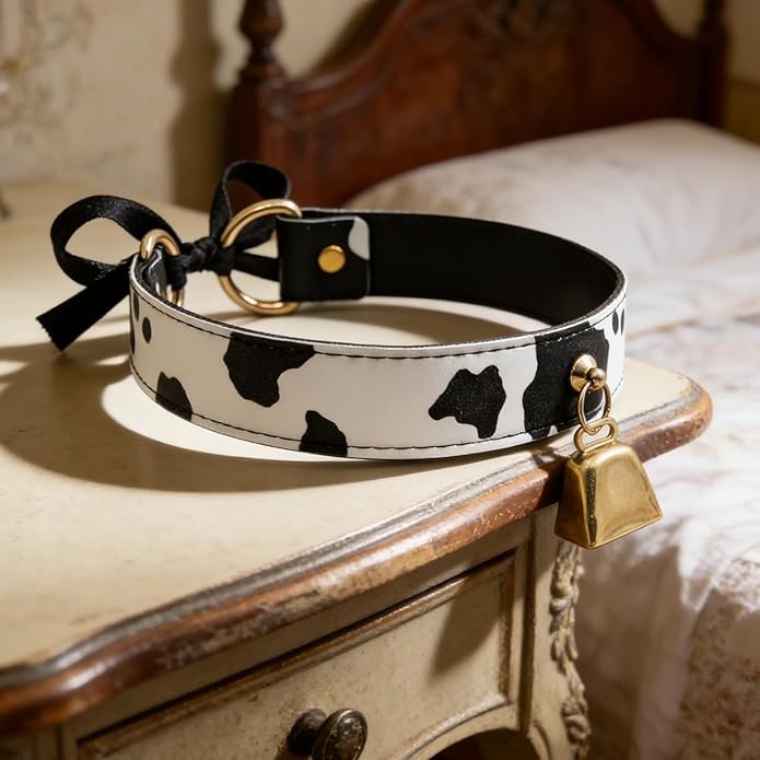 Bell Collar Necklace for Women, Cow Print PU Leather Choker with Flat Ribbon Tie, Anime Cow Cosplay Jewelry Gifts