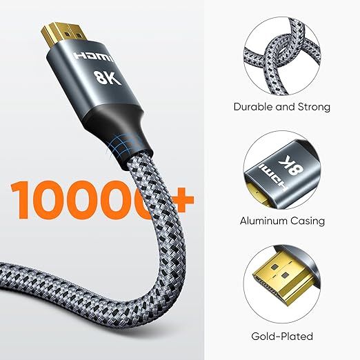 ARISKEEN 8K HDMI Cable 6 FT, 48Gbps High Speed HDMI 2.1 Cable, 8K 60Hz, 4K 120Hz 144Hz Braided HDMI Cord - 6 Feet