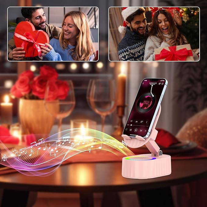 Wireless Induction Audio Bluetooth Speaker 5in1 Phone Holder Emergency Rechargeable (3000mAh) with Colorful Ambient Light 300° Foldable for Tablet iPhone Android, Womens Birthday Gifts(Pink)