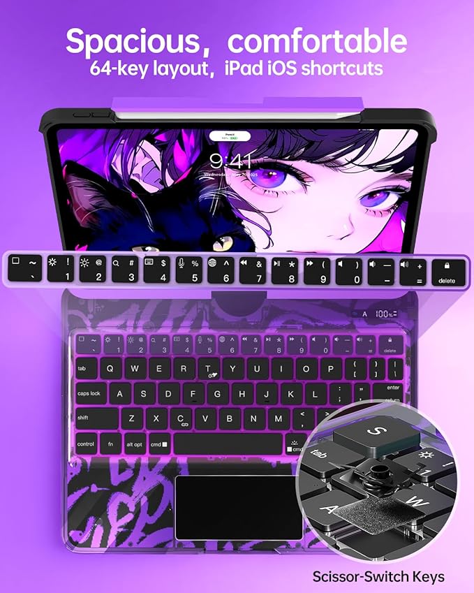 Intermerge for Clear iPad Pro 13" (M4) 2024 Case with Keyboard, 360° Multi-Touch Trackpad, 7-Color RGB Backlit Keyboard, Pencil Holder, Type-C, Power Indicator - Neon Pulse