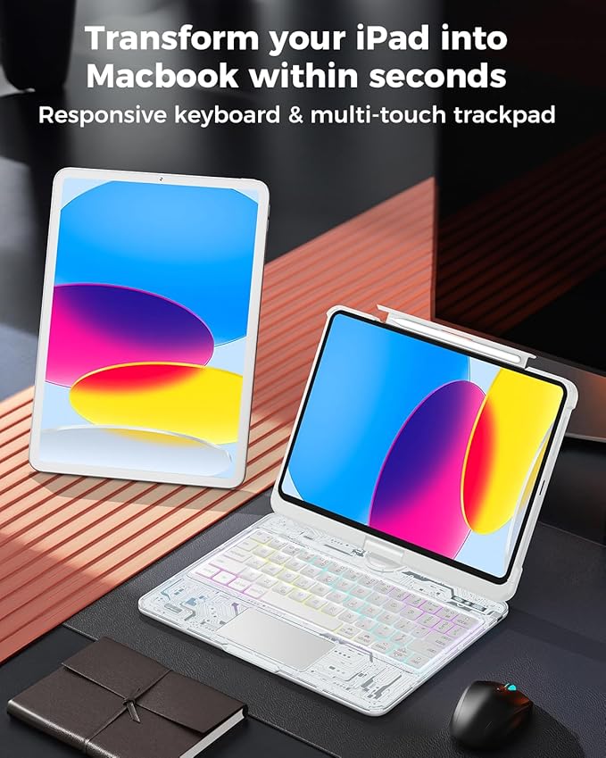 TSQQST Clear Wireless Keyboard Case for iPad (A16) 11th Generation 11-inch 2025/ iPad 10th Generation 10.9-inch 2022 with Pencil Holder & Multi-Touch Trackpad, 7-Color Backlight, 360 Rotatable, White