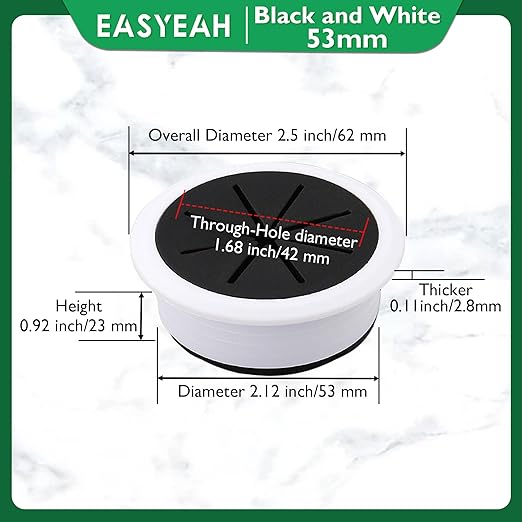 2 Pcs Desk Grommet 2-1/16" / 53 mm, Desk Hole Cover for Cables Black and White, Cable Grommet ABS Plastic, Desk Hole Grommet for Home & Office Pc, Detachable Cable Cord Organizer
