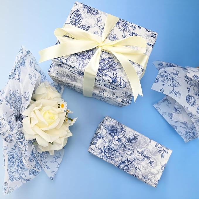 100 Sheets Blue Flower Gift Wrapping Tissue Paper Recyclable Greenery Botanical Packaging Bag for Wedding Birthday Showers Art Craft Party Favor Decoration