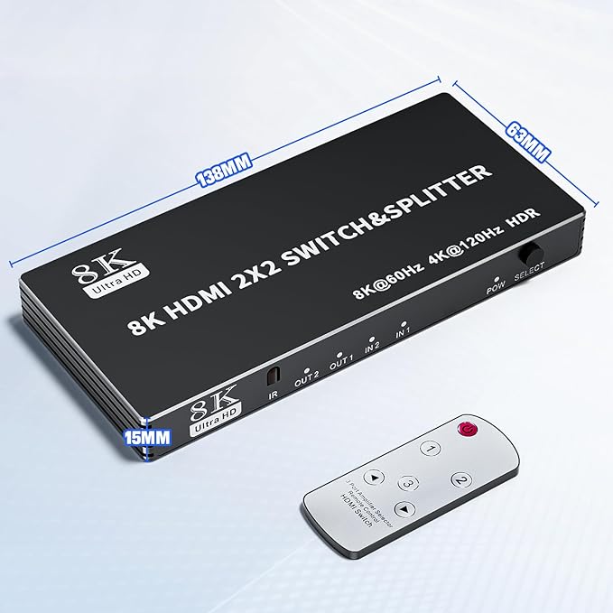 2x2 HDMI Switch Splitter, HDMI 2.1 Switcher 2 in 2 Out 8K@60Hz 4K@120Hz, w/IR Remote Control, Supports HDCP 2.3 HDR, HDR10, HDR 10+, 3D