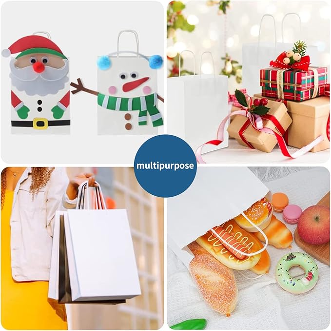 FACEBAG 50 PCS White Paper Bags with Handles Bulk, 8x4.25x10.5 Inches,Medium-sized White Gift Bags with Handles for Party Favors,Take-Out,Grocery Shopping & Retail,Reusable & Durable