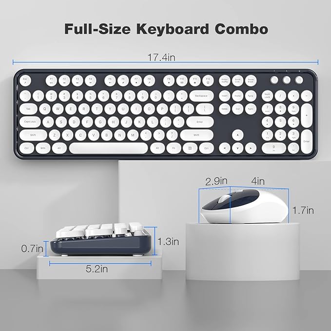 KNOWSQT Wireless Keyboard and Mouse Combo - White-DarkBlue Full-Sized 2.4 GHz 104 Keys Typewriter Keyboard, Flexible Round Keycap and Optical Mouse for Windows, Computer, PC, Laptop, Desktop