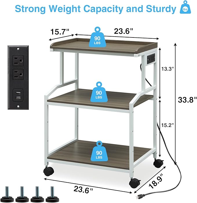 Lauren&Harold 34'' Printer Stand with Power Outlets & USB Ports, 3-Tier Adjustable Rolling Cart, Heavy Duty 150LBS Storage Table with Wheels for Office, Kitchen, Living Room, Grey/White