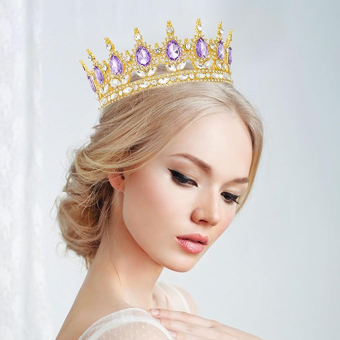 Queen Rhinestone Wedding Crown and Tiara for Women - Costume Party Hair Accessories, Princess Birthday Crystal Bridal Crown (Golden Purple)