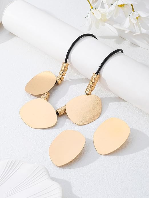 Chunky Gold Statement Necklace Earring Set for Women Minimalist Irregular Round Earrings Vintage Leather Big Golden Geometric Oval Choker Necklaces Trendy Party Jewelry Set for Women