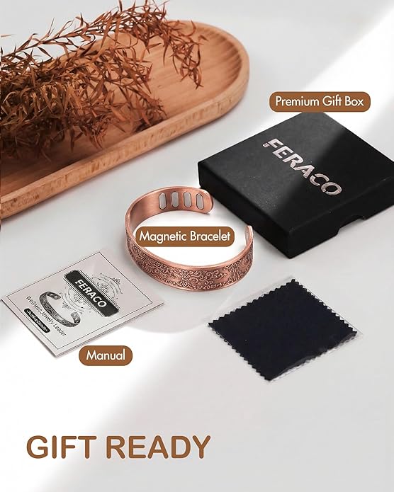 Feraco Copper Bracelet for Men, 5X Ultra Strength Magnetic Cuff Bangle with 5000 Gauss Neodymium Magnets, 99.99% Pure Copper Jewelry Gift, Adjustable