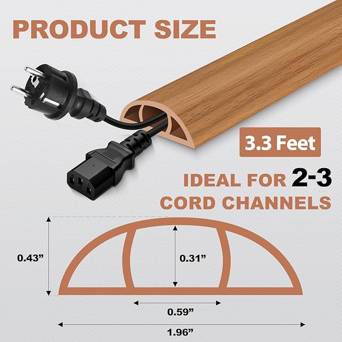 Floor Cord Cover for Wires on Floor Self Adhesive Cord Hider Floor Cable Management Wire Covers for Cords Protector Prevent Cable Trips Cord Cavity W 0.59" x H 0.31", Brown Wood, 3.3Ft