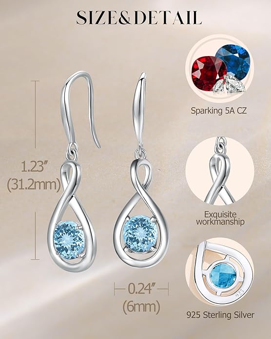 FANCIME Valentines Day Gift Dangle Drop Earrings 925 Sterling Silver Dainty Infinity Round Gemstone Birthstone Jewelry Birthday Gifts for Her Women