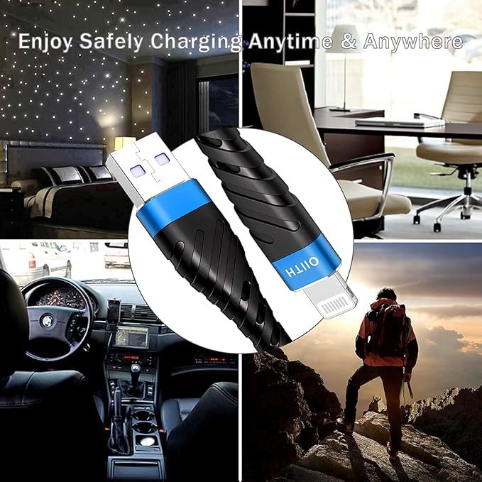 OIITH Apple MFi Certified iPhone Charger Cable 3 Pack 10 Ft, Extra Long Lightning Charging Cord, Fast 2.4A iPhone USB Cord Compatible with iPhone12/11/XS/Max/XR/X/8/8P/7P/6/iPad - Blue