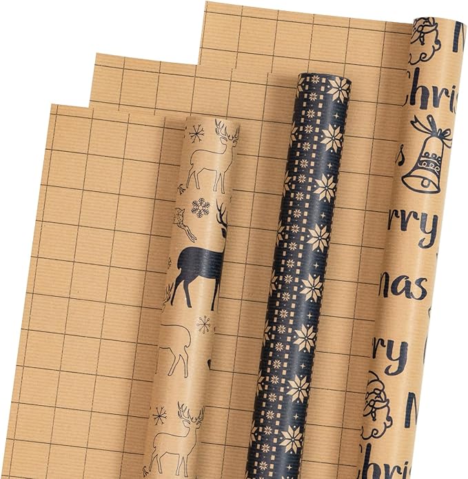 RUSPEPA Christmas Wrapping Paper Rolls - Mini Roll - 17 inches x 10 feet per Roll, Total of 3 Rolls - Reindeer and Snowflake