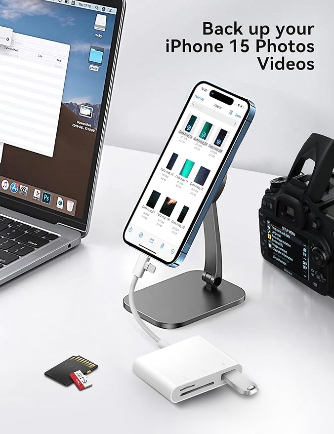 SD Card Reader for iPhone, SD Card Adapter with Lightening & USB C Dual Connectors Plug&Play Supports microSD, SD and USB-A OTG, Portable Trail Camera Memory Reader for iPhone Mac MacBook iPad