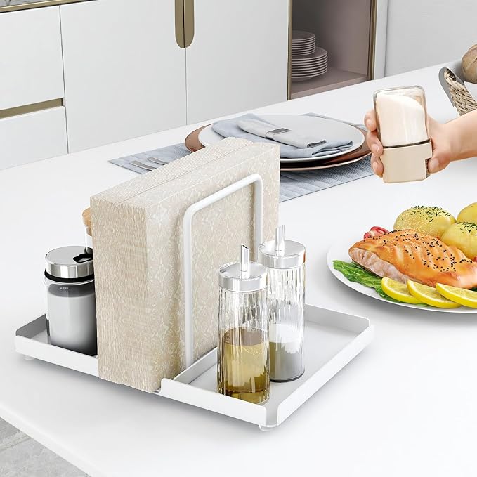 Napkin Holder for Table, Metal Napkin Holder with Salt and Pepper Shakers Caddy, Standing Paper Napkin Storage for Kitchen Dining Table Decor, White
