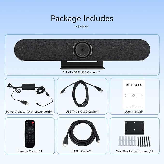 Retekess TC201 4K USB Video Conference Room Camera, AI Auto Fram, Speaker Tracking,120° Wide Angle, 5X Zoom,4 Noise-reducing Mic & 5W Speaker, for Small Meeting Rooms