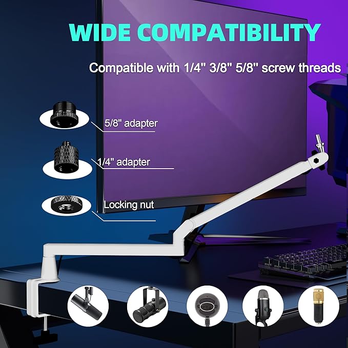Low Profile Mic Arm Microphone Boom Arm Professional Adjustable with 15cm Riser Solid Desk Mount Clamp Cable Management Microphone Holder Stand for Podcast Streaming Gaming Mic Stand White